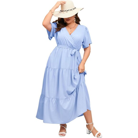 Plus Size V Neck Wrap Maxi Dress Short Sleeves High Waist Ruffle Belt - Picture 1 of 5